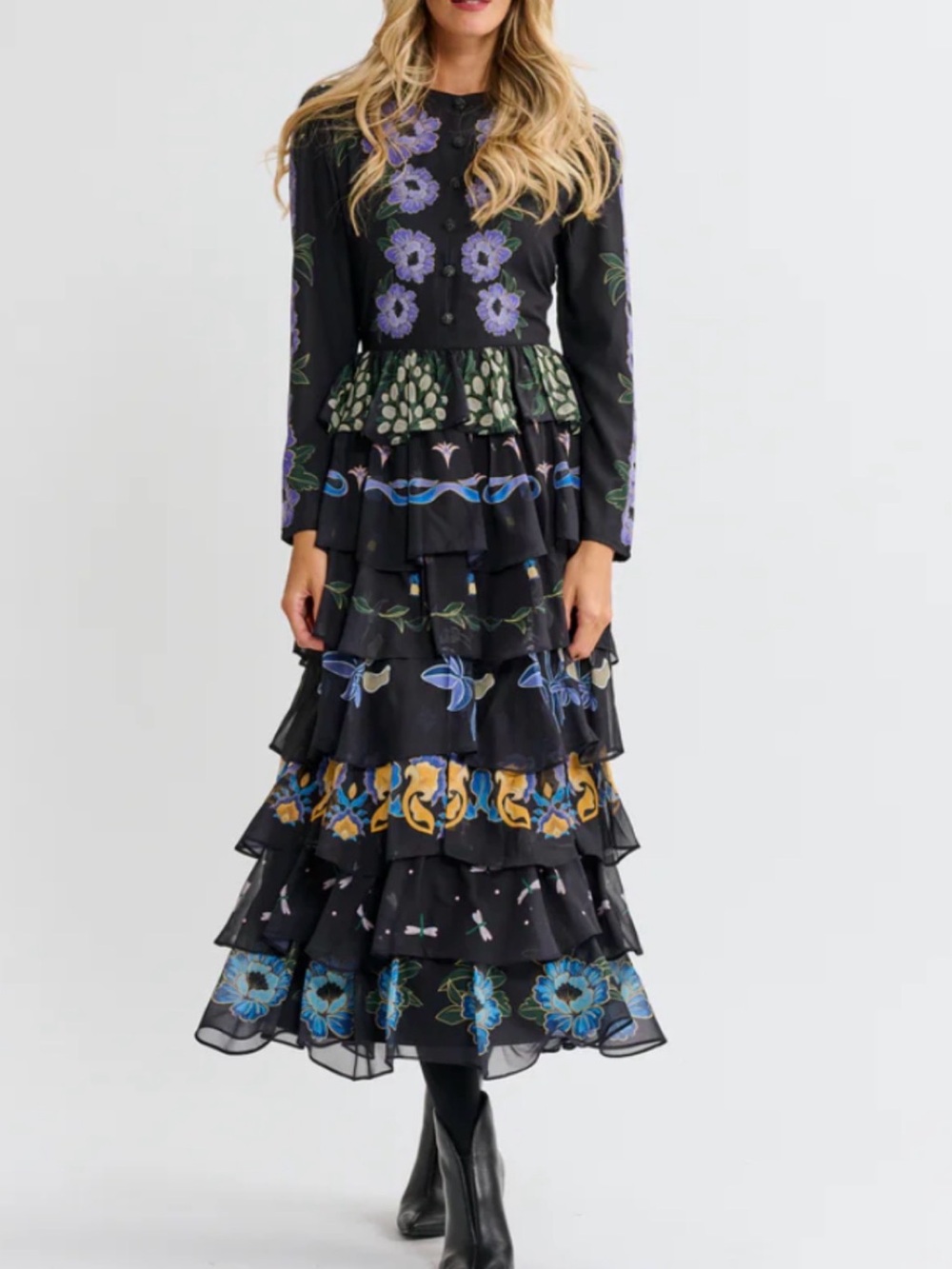 FARM Rio Black Maxi Dress with Lavender Floral Embroidery